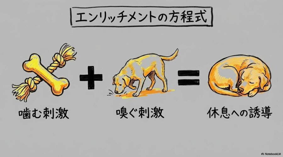 環境エンリッチメントによるストレス解消のメカニズム図解。本能を満たす遊びが深い休息に繋がるプロセスを数式図で表現した画像。