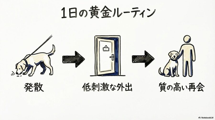 分離不安を防ぐための1日のルーティンの図解。散歩・外出・帰宅の正しい接し方を、3ステップのプロセスで表現した画像。