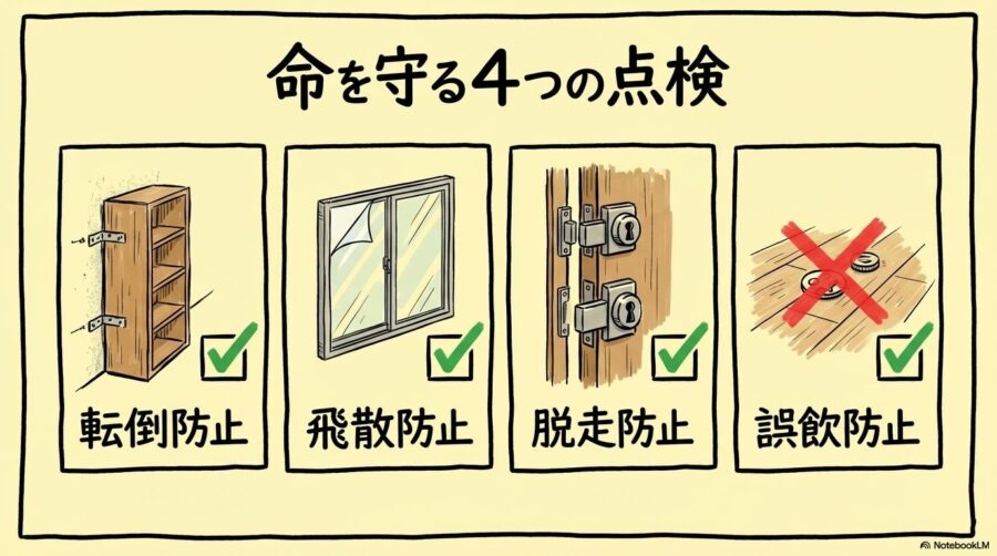 留守番中の物理的安全を守るチェックポイントの図解。4つの主要なリスク対策をカード型で整理した画像。