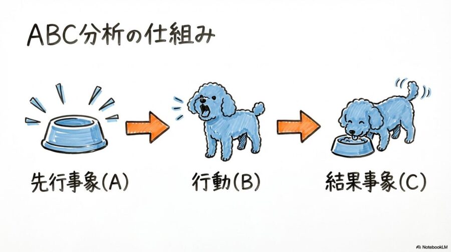 犬のしつけにおけるABC分析の図解。きっかけ・行動・結果の連鎖を、要求吠えのメカニズムとして表現した画像。