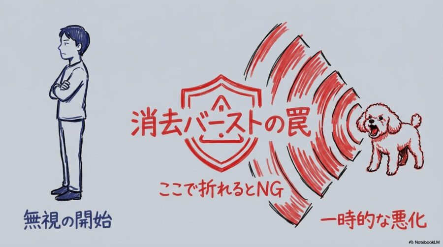 消去バースト（一時的な悪化）現象の図解。無視を始めた直後に吠えが激しくなるプロセスを、対決構図で表現した画像。