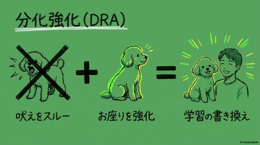代替行動の分化強化（DRA）のメカニズム図解。吠える代わりに座ることを教える学習の数式を表現した画像。