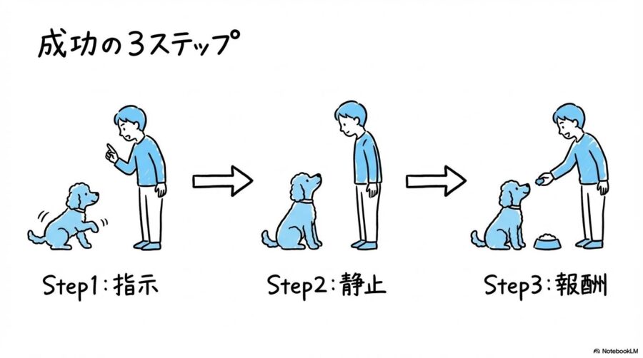 要求吠えを改善するトレーニング手順の図解。指示から報酬までの正しい流れを3ステップで表現した画像。