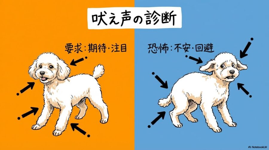 要求吠えと恐怖吠えのボディランゲージ比較図解。それぞれの感情サインの違いを対比構造で表現した画像。