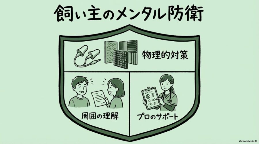 飼育ノイローゼを防ぐためのメンタル防衛策の図解。物理的・社会的なセーフティネットをカード型で整理した画像。