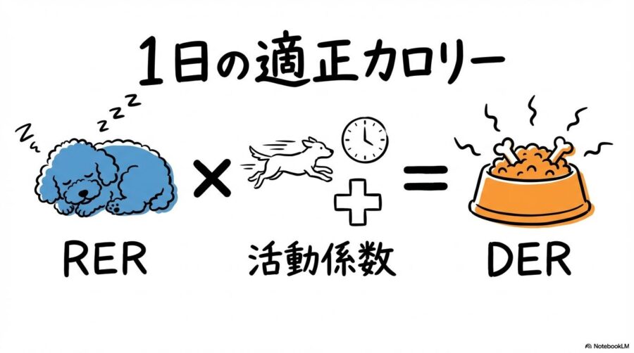 RER（安静時エネルギー要求量）の図解。基本カロリーに活動係数を掛けて、1日の本当の必要量（DER）を算出する仕組みを表現した画像。
