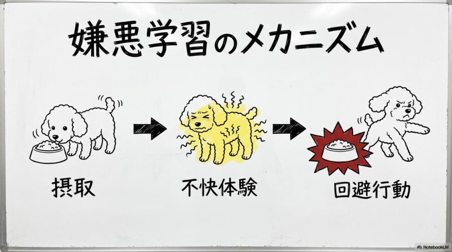 学習性味覚嫌悪の図解。食べた後の不快体験が、そのフードを避けさせるまでの心理的プロセスを3ステップで表現した画像。