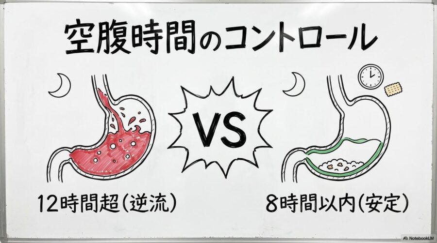 胆汁性嘔吐症候群対策の図解。空腹時間が長い場合と、分割給餌で短縮した場合の胃の状態の違いをVS図で表現した画像。