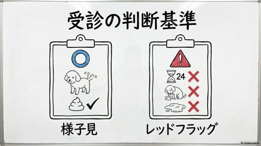 受診目安の比較図解。様子見でよいケースと、即受診が必要なレッドフラッグの違いをカード型で整理した画像。