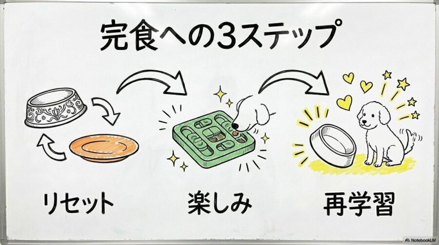 食事環境再構築の図解。トッピング依存を卒業し、ドッグフードを完食するまでのステップを3段階で表現した画像。