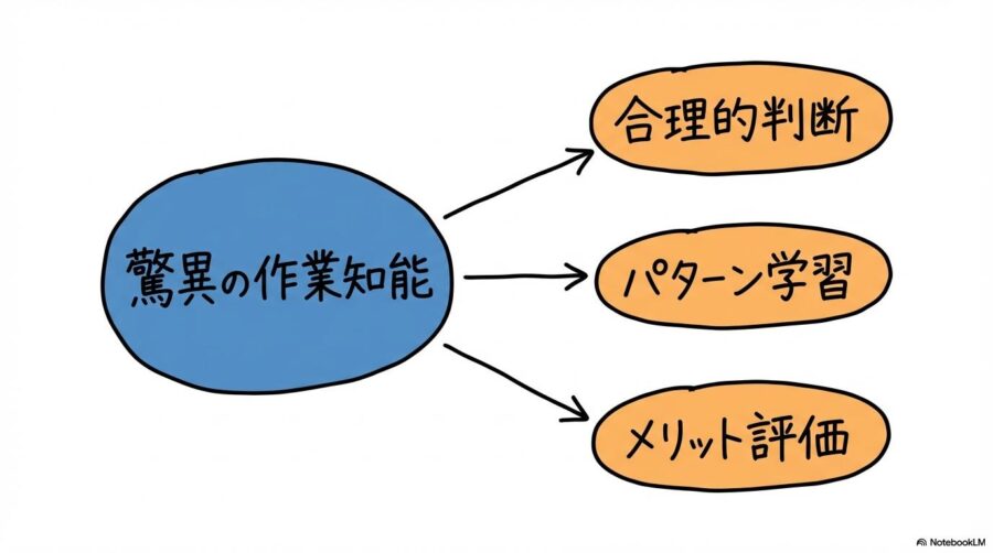 トイプードルの作業知能の図解。高い学習能力がどのように「指示の選別」や「合理的判断」に繋がっているかを表現した画像。