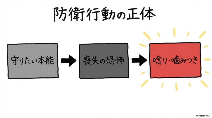 リソースガードのメカニズム図解。不安から攻撃行動へと繋がる心理的なステップを表現した画像。