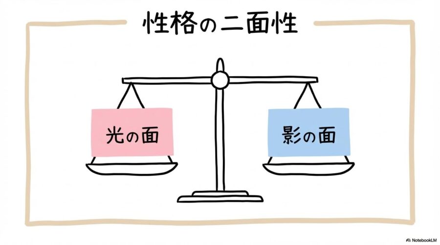 トイプードルの気質特性の図解。長所と短所が表裏一体であることを天秤のメタファーで表現した画像。
