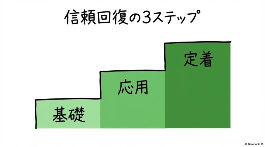信頼関係を再構築するトレーニングステップの図解。静かな環境から徐々に難易度を上げる3段階のプロセスを表現した画像。