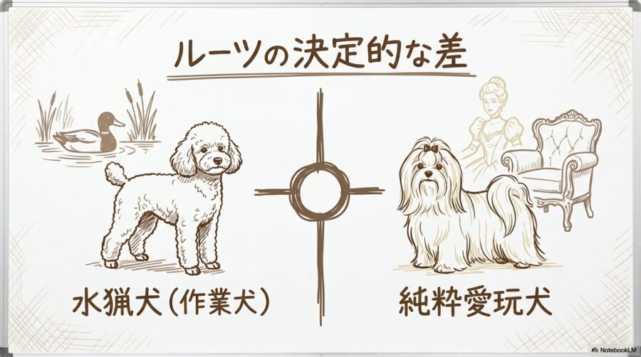 トイプードルとマルチーズの歴史的ルーツの対比図解。水猟犬としてのプードルと、純粋愛玩犬としてのマルチーズの違いを表現した画像。