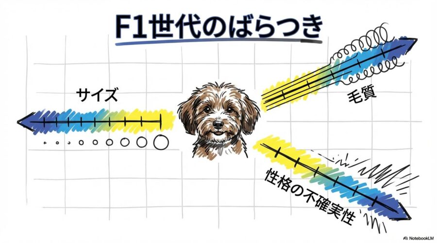F1ミックス（マルプー）の不確実性の図解。個体によってサイズや毛質が大きく変動することをメーター形式で表現した画像。