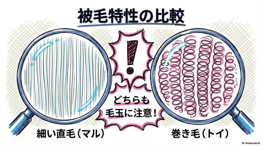 シルキーコートとウーリーコートの比較図解。マルチーズの細い直毛とトイプードルの巻き毛の特徴を拡大イメージで表現した画像。
