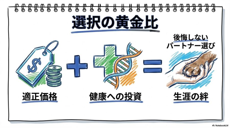 犬選びの基準の図解。価格だけでなく遺伝子検査などの健康管理を含めた総合的な判断の重要性を表現した画像。