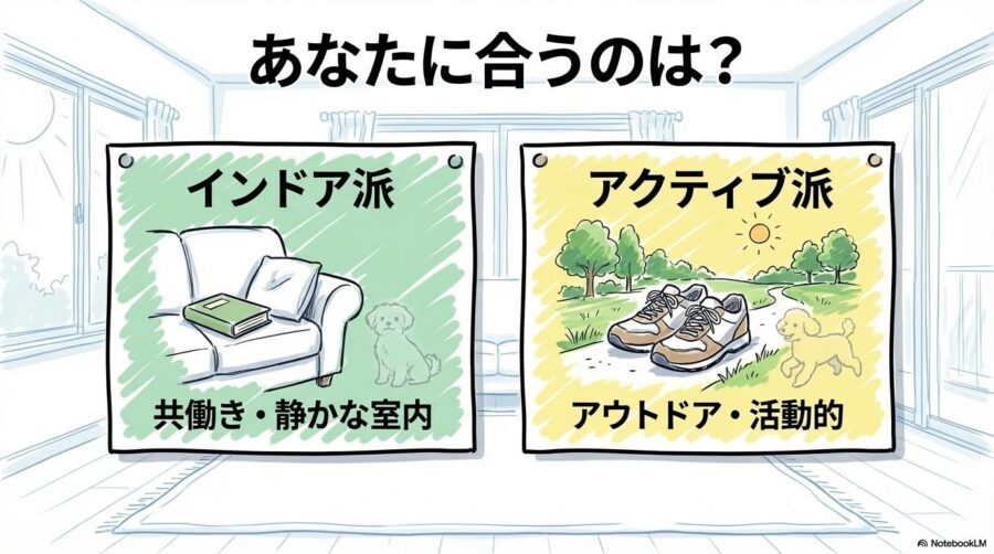 ライフスタイル適合診断の図解。生活スタイルによって、トイプードルとマルチーズのどちらが向いているかを整理した画像。
