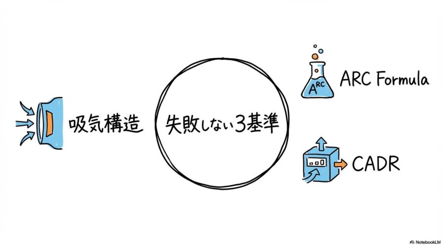 レボイトの空気清浄機選びにおける3つの基準（吸気構造、ARC Formula、CADR）を整理したセンター配置の図解画像。
