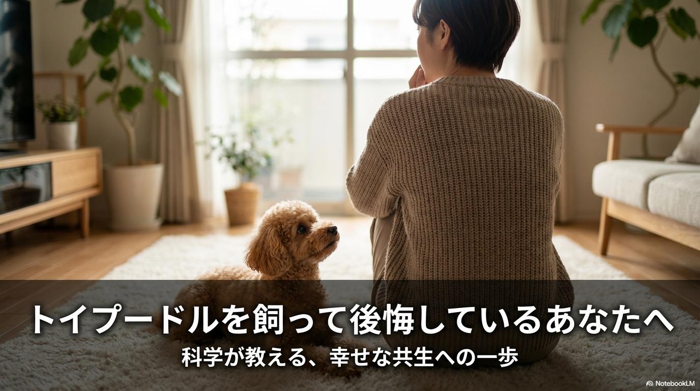 柔らかな光が差し込むリビングで、悩む飼い主の足元に静かに寄り添うトイプードル。この記事のテーマである「トイプードルを飼うこと（飼うんじゃなかったという後悔）」を乗り越え、共生を目指す様子を象徴する一枚。