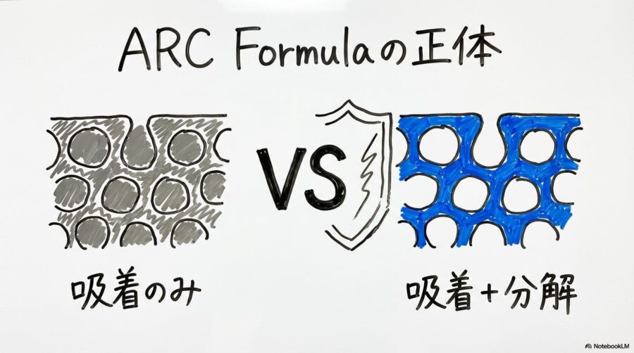 一般的な活性炭フィルターとLevoitのARC Formulaの仕組みを比較したVS図。吸着だけでなく分解を行うことで再放出を防ぐ様子を表現した画像。