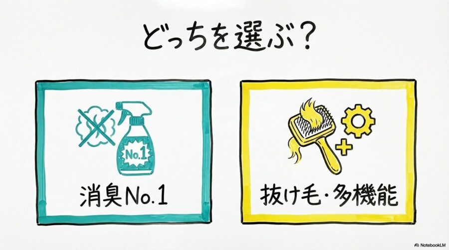 Core P350とVital 100S Petの主な特徴を比較したカード型の図解画像。どちらの機種がどのような悩みに適しているかを視覚的に表現。