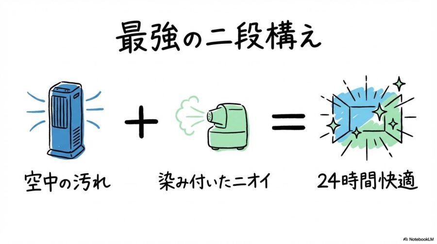 Levoit空気清浄機とジアイーノを併用することで得られる効果を表現した数式図。空中と付着臭の両方に対処する「二段構え」のプランを解説した画像。