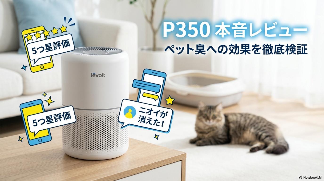 Levoit Core P350の口コミと評価を視覚化した画像。この記事のテーマである「Levoit Core P350 口コミ ペット臭」におけるユーザーの満足度と実力を表現した一枚。