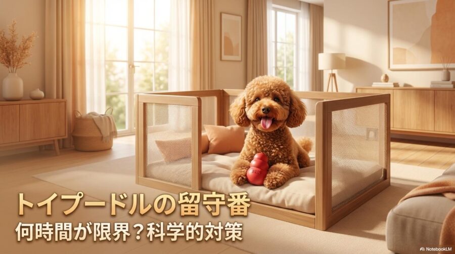 明るいリビングのサークル内で、知育玩具に夢中になるトイプードル。この記事のテーマである「トイプードルの留守番」における環境エンリッチメントの重要性を象徴する一枚。