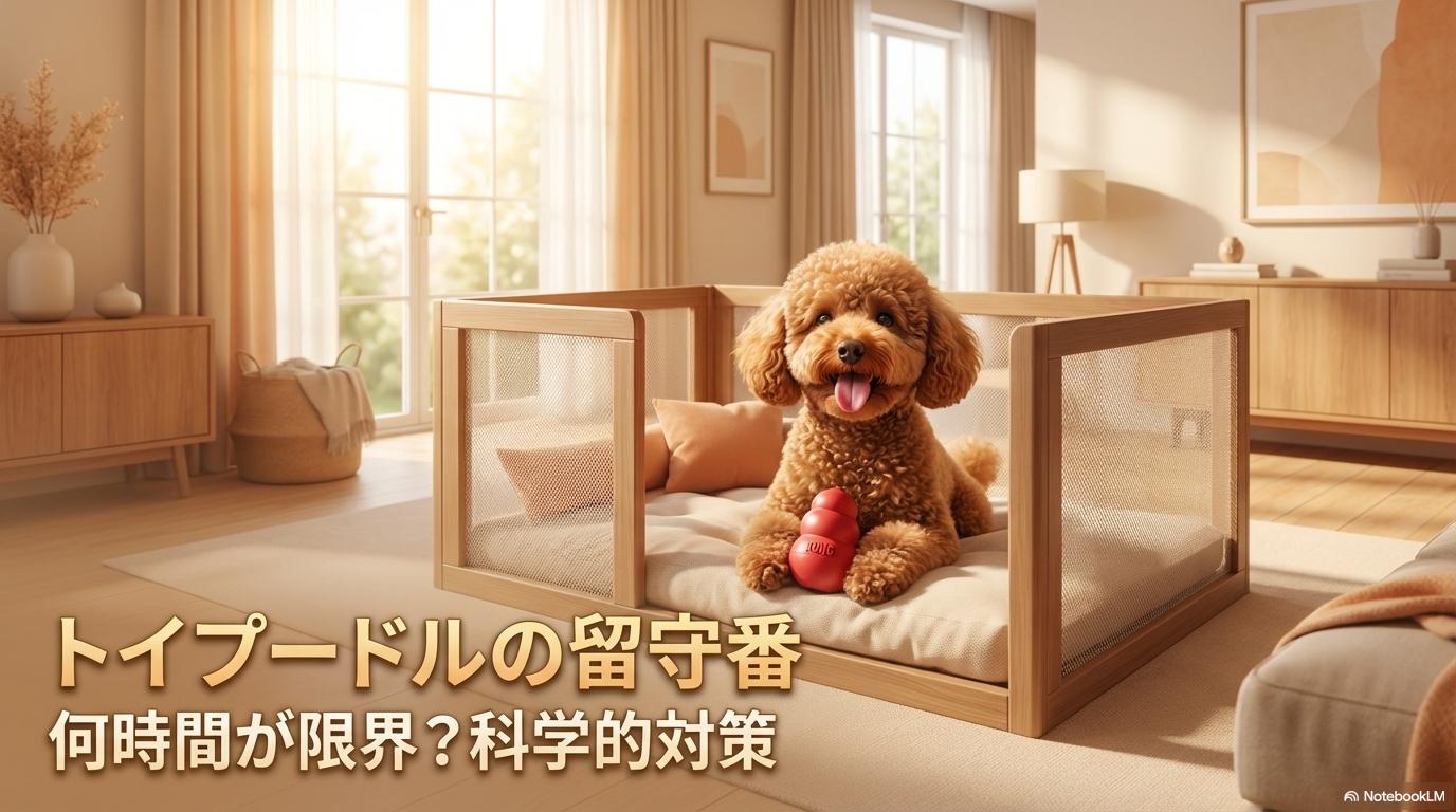 明るいリビングのサークル内で、知育玩具に夢中になるトイプードル。この記事のテーマである「トイプードルの留守番」における環境エンリッチメントの重要性を象徴する一枚。