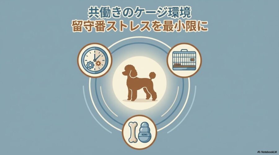 トイプードルの留守番環境を構成する時間・場所・刺激の要素を整理したイラスト。この記事のテーマである「トイプードルの留守番」の全体像を分かりやすく示す一枚。