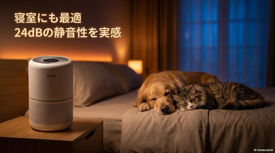 静かな寝室でペットと共に稼働するCore P350。この記事のテーマである「Levoit Core P350 口コミ ペット臭」における静音性の高さを表現した一枚。