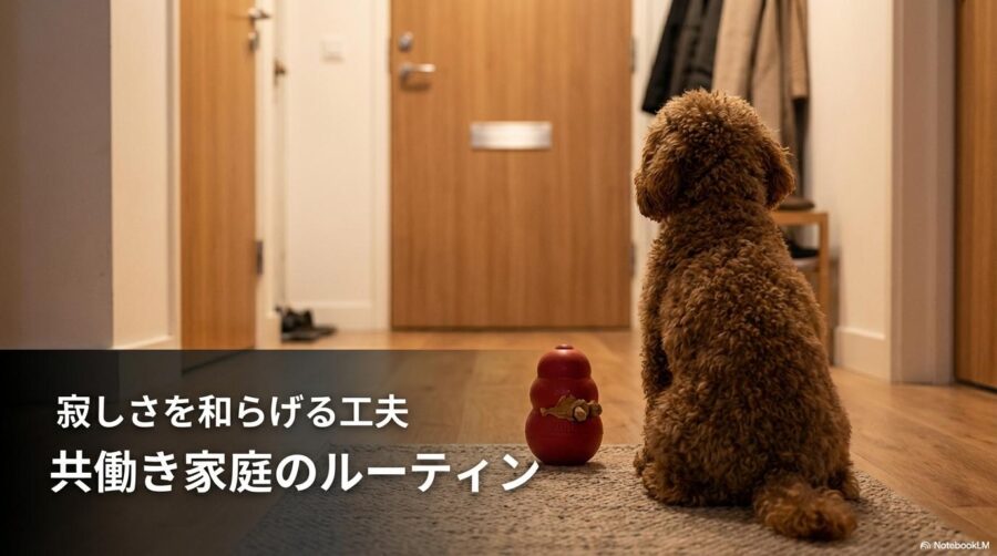 玄関で静かに留守番を開始するトイプードルの日常風景。この記事のテーマである「トイプードルの留守番」におけるルーティン設計の価値を伝える一枚。