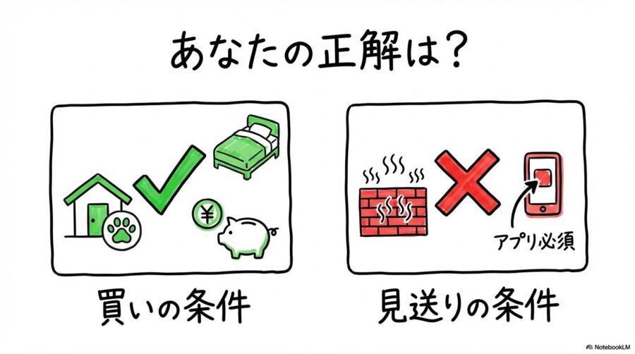 Levoit Core P350の「買い」と「見送り」の判断基準をカード型で比較した図解画像。