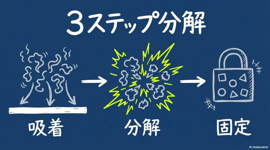 ARC Formulaがニオイ分子を吸着・分解・固定する3ステップのプロセスを解説した図解画像。