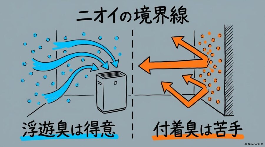 Core P350が得意とする浮遊臭と、物理的限界がある付着臭の境界線を解説したVS図解画像。