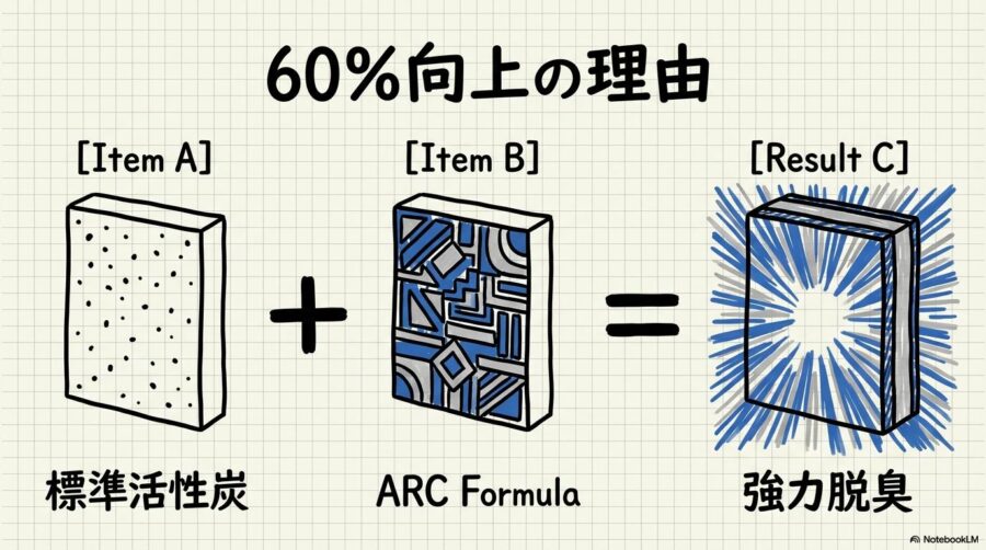 Core P350の活性炭フィルターが標準モデルよりも優れている理由を数式で表現した図解画像。