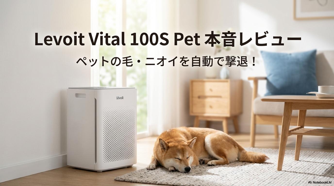 明るいリビングの壁際に設置されたLevoit Vital 100S Petと、その横でくつろぐ柴犬。この記事のテーマである「Levoit Vital 100S Petの口コミ・評判」を象徴する一枚。