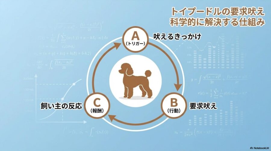 トイプードルの要求吠えをABC分析で科学的に捉える図解。この記事のテーマである「トイプードル うるさい」状況を機能分析で解決するアプローチを象徴する一枚。