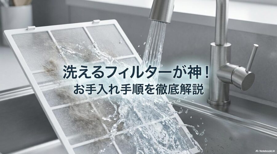 Levoit Vital 100S Petのプレフィルターを水洗いしているクローズアップ画像。この記事のテーマである「Levoit Vital 100S Petの便利なお手入れ手順」を強調する一枚。