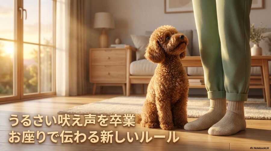 静かにお座りをして飼い主と向き合うトイプードル。この記事のテーマである「トイプードル うるさい」問題が改善し、穏やかな関係を再構築した様子を示す一枚。