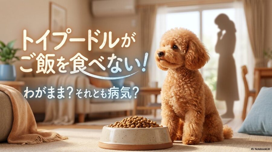 フード皿の前で顔を背けるトイプードル。この記事のテーマである「トイプードルがご飯を食べない」悩みに寄り添い、原因と解決策を紐解くための象徴的な一枚。
