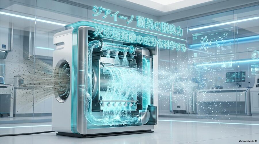 ジアイーノの内部で次亜塩素酸が空気を洗う仕組みを表現した3Dレンダリング画像。この記事のテーマである「ジアイーノのペット臭への効果と成分」を象徴する一枚。