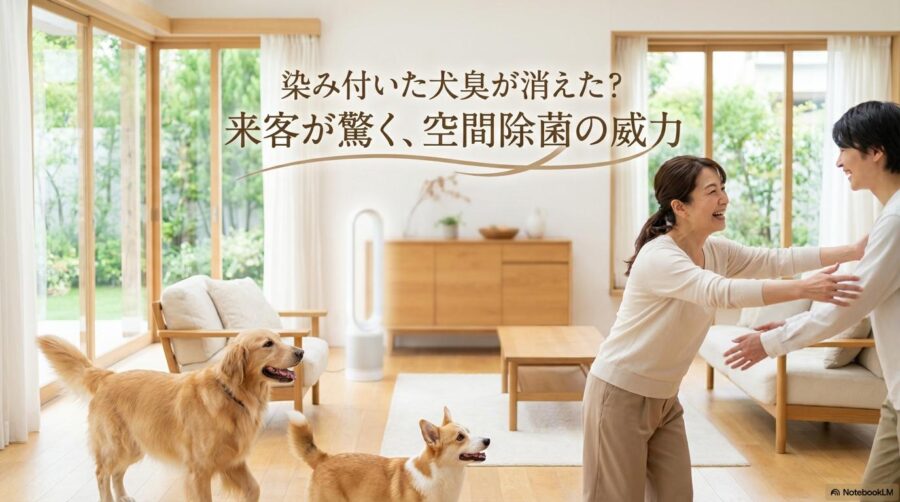 清潔な多頭飼いリビングでジアイーノを使用している風景。この記事のテーマである「ジアイーノの付着臭への効果」を強調する一枚。