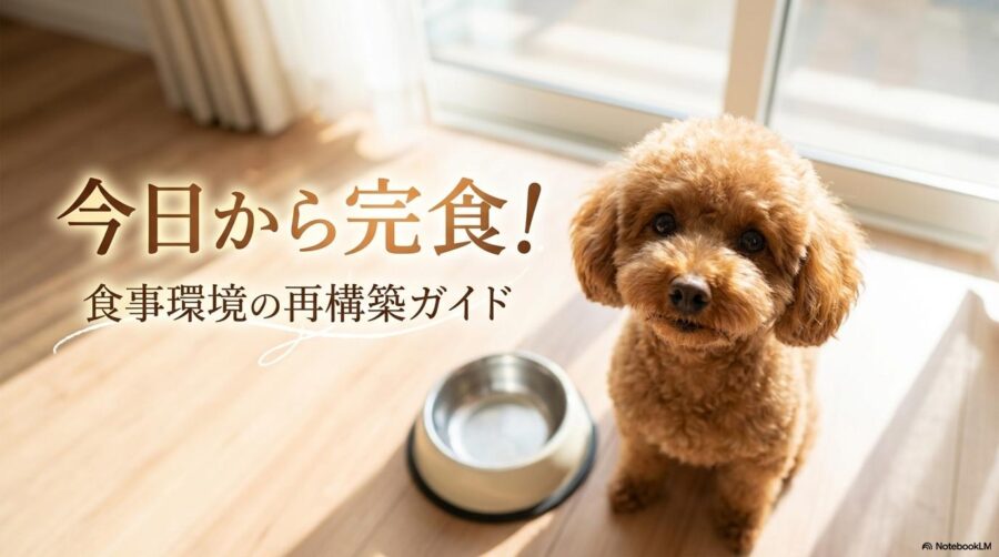 ご飯をきれいに平らげて満足そうなトイプードル。この記事のテーマである「トイプードルがご飯を食べない」悩みを解消し、健康的な食生活を取り戻した未来をイメージした一枚。
