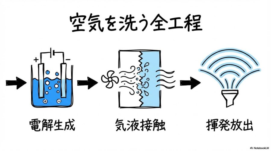 ジアイーノが空気を洗う仕組みの図解。生成から洗浄、放出までの3ステップを表現した画像。