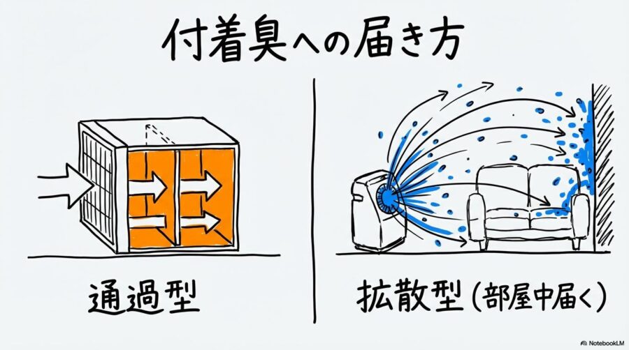 フィルター式空気清浄機とジアイーノの脱臭範囲の比較図。付着臭へのアプローチの違いをVS図で表現した画像。