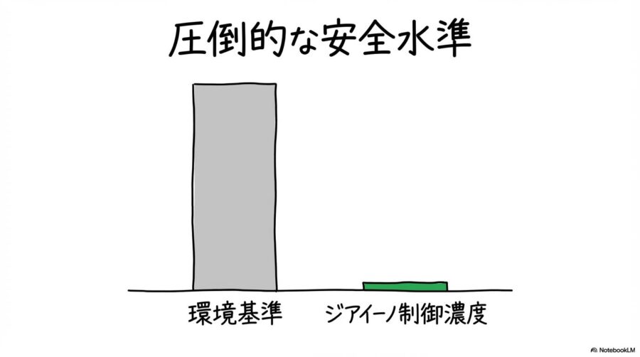 ジアイーノの安全性基準の比較図。環境基準値とジアイーノの実際の濃度レベルの差をカード型グラフで表現した画像。
