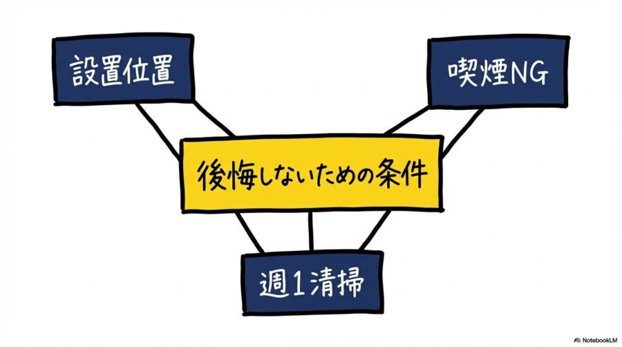 ジアイーノ導入で後悔しないための条件図。設置場所やメンテナンスなどの重要ポイントをセンター配置で表現した画像。